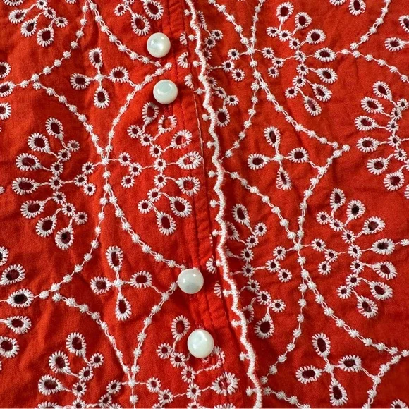 Sezane Antika Blouse Ecru On Coral 38 Fr US 6 Embroidered Button V-Neck Eyelet - Picture 3 of 11